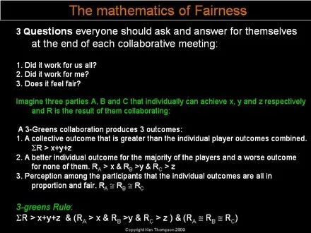 A slide titled “The mathematics of fairness”, setting out three questions to ask after a collaborative meeting and the algebra of the three-greens rule for a fair collective outcome.
