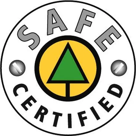 A circular badge reading “SAFE certified” around a green tree symbol.