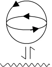 A diagram of a sphere with arrows circling it in two planes, above a downward arrow and a wavy line, representing a living system coupled to its environment.