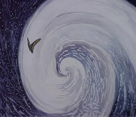 An illustration of a butterfly beside a vast spiralling storm system.
